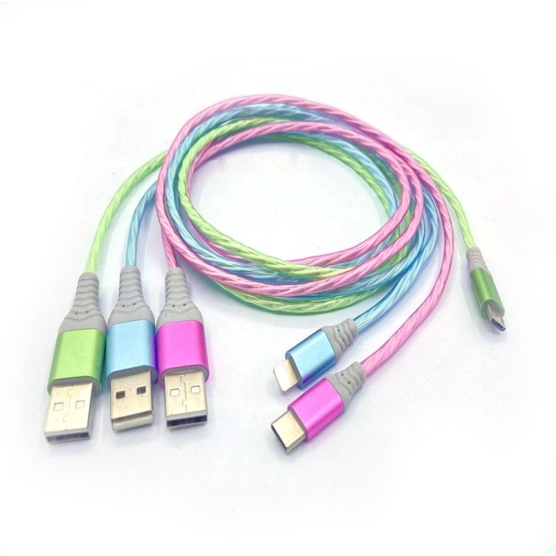 Kabel szybkiego ładowania 3 w 1 Typ C 3A LED Kolorowy kabel ładujący USB Błyskawiczny kabel migający