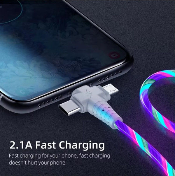 3in1 Flow Luminous Lighting kabel USB dla Samsunga 3 w 1 2in1 LED Micro USB Typ C 8Pin ładowarka Drut do iPhone Huawei Xiaomi